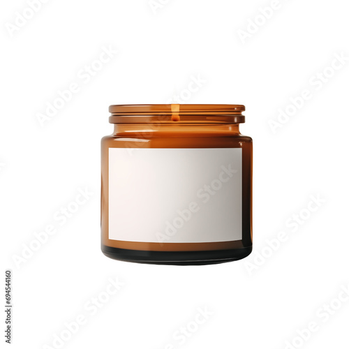 Burning Candle Mockup in an amber glass jar, soy candle, isolated on white transparent background, PNG