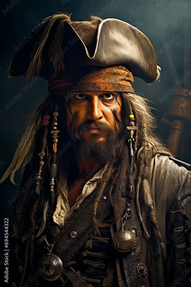 Vivid background with a charismatic pirate, feathered companion
