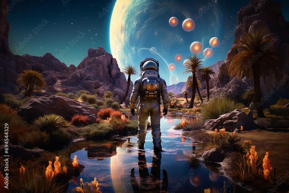 Fototapeta premium Celestial Explorer: Astronaut Navigating the Fantastical Unknown