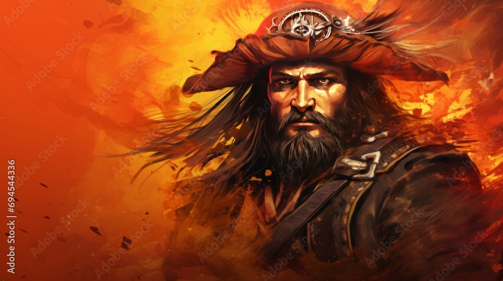 Vivid background with a charismatic pirate, feathered companion