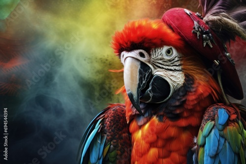 A vivid background featuring a bold pirate, tropical parrot