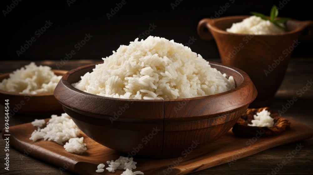 rice and garlic bowl on a brown wooden table rice and garlic bowl on a brown wooden table