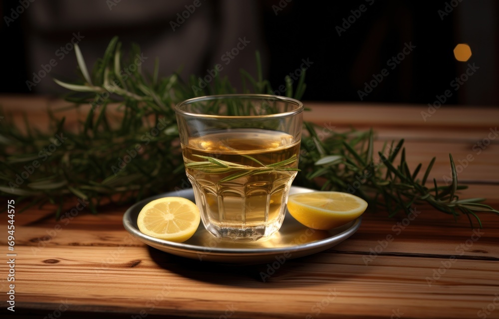 rosemary tea and lemon on the wooden table rosemary tea and lemon on the wooden table