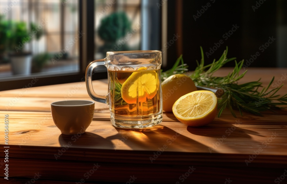 rosemary tea and lemon on the wooden table rosemary tea and lemon on the wooden table
