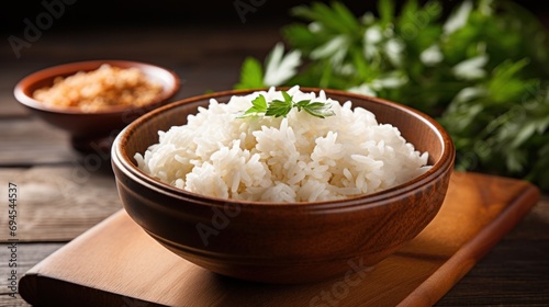 rice and garlic bowl on a brown wooden table photo
