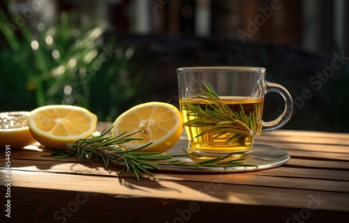 rosemary tea and lemon on the wooden table