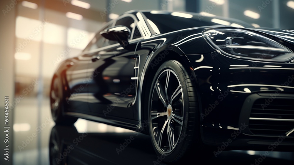 An artistic, ultra-detailed view of a black luxury car's sleek and polished exterior in a dealership salon - obrazy, fototapety, plakaty 