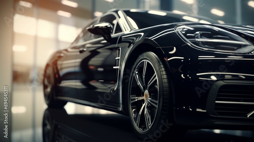 An artistic, ultra-detailed view of a black luxury car's sleek and polished exterior in a dealership salon