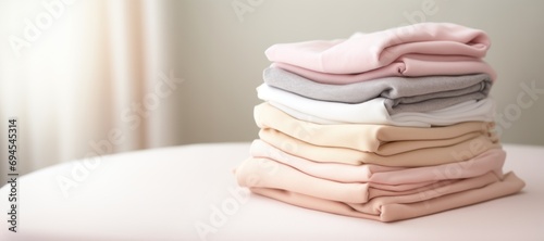 Pile of baby jersey textile in pastel colors photo
