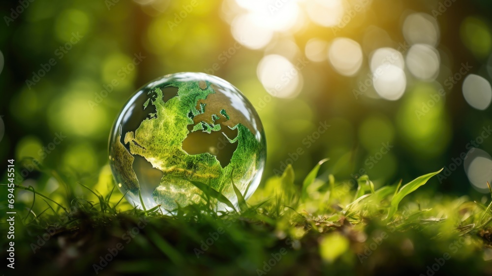 Glass globe on green grass and bokeh background. Environment conservation concept., AI generated Glass globe on green grass and bokeh background. Environment conservation concept., AI generated