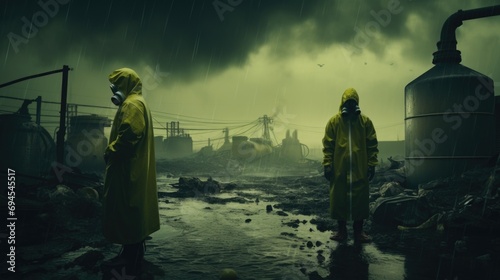 Man and woman in yellow protective suit and gas mask standing in the middle of the water, AI generated image