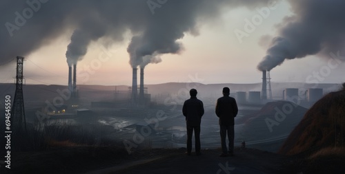 Conceptual image of two people looking at factory chimneys, AI generated image