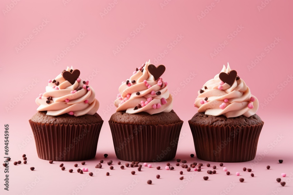 Chocolate cupcake with pink frosting decorated with the hearts