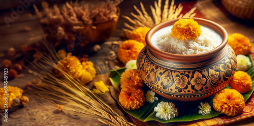 Happy Pongal Celebration Background With Traditional Dish Rice In Mud Pot and flowers. Pongal Harvest Festival India celebrated by Tamil, Cultural Festival photo