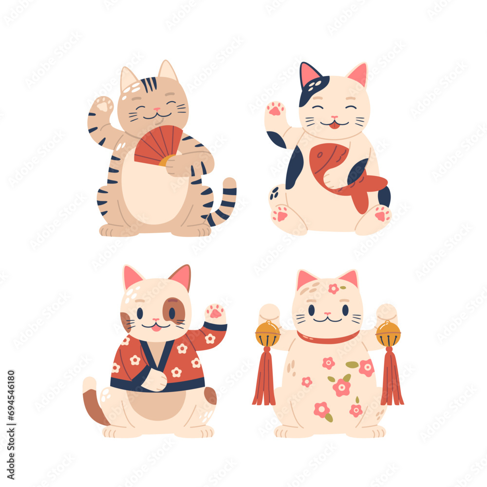 Maneki Neko Lucky Cats Beckon With Raised Paws, Adorned In Vibrant Colors And A Beckoning Expression