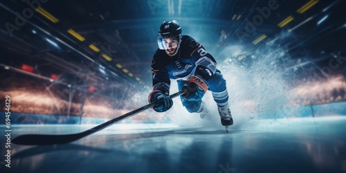  In the Heart of the Ice Hockey Rink Arena  a Professional Player Showcases Precision and Intensity  Skillfully Shooting the Puck with a Hockey Stick in a Fast-Paced Display of Action and Teamwork