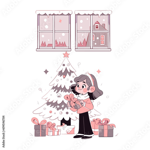 a girl stands under the Christmas tree to open a gift
