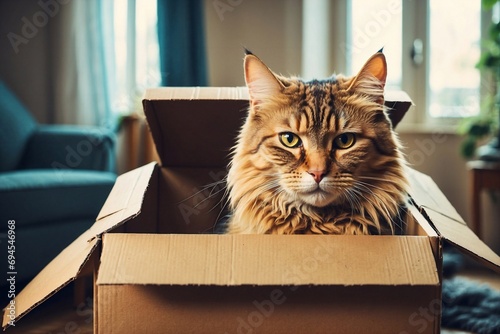 Cat in the box at home. Fluffy domestic cat. Cute annimals © Денис Богдан