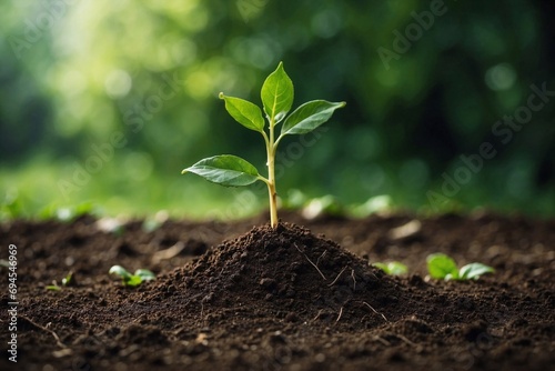 Plant in soil on blurred green background. Growing seedling in ground. Planting and gargering concept. 