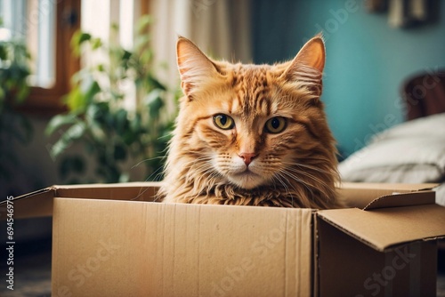 Red cat in the box at home. Fluffy domestic cat
