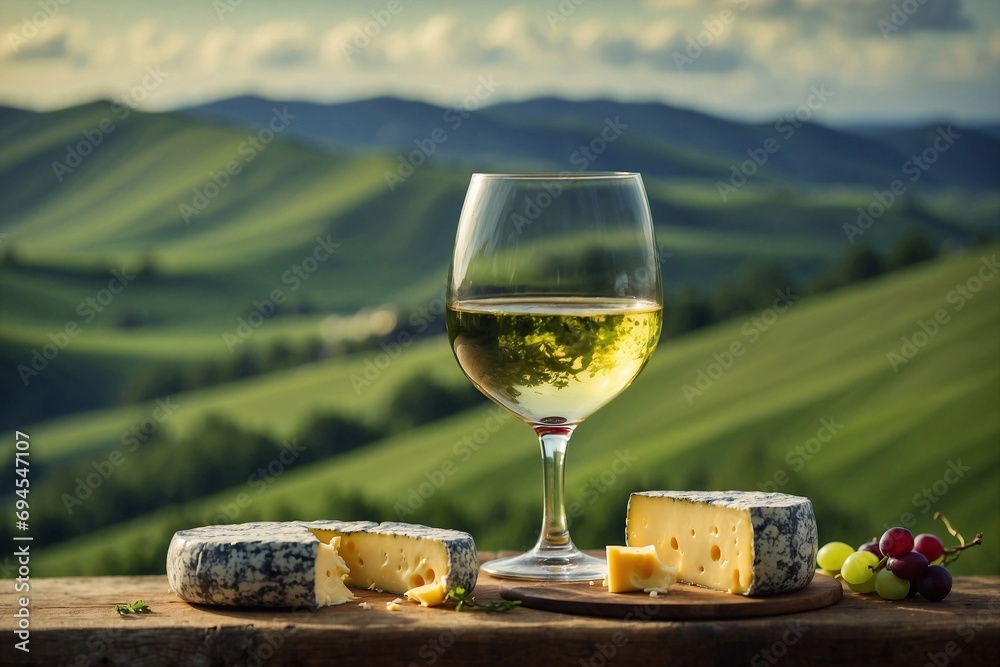 Fototapeta premium Glass of wine and cheese on green hills landscape. Space for text. Wooden table. Copy space for advertising banner. Board for food. Alpine nature.
