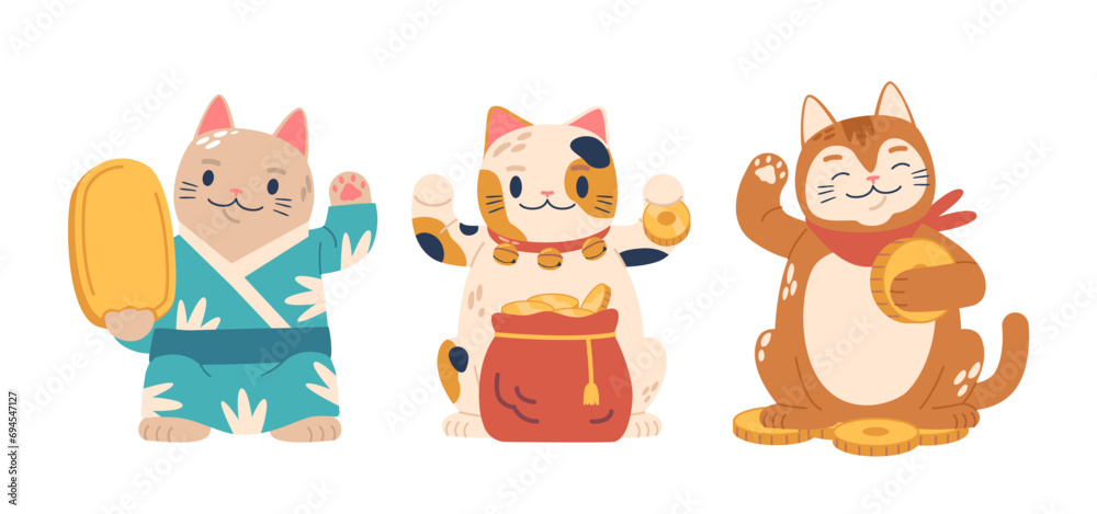 Maneki Neko Lucky Cats, Japanese Figurines With An Upright Paws Symbolizing Good Fortune. Its Beckoning Gesture