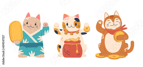Maneki Neko Lucky Cats, Japanese Figurines With An Upright Paws Symbolizing Good Fortune. Its Beckoning Gesture