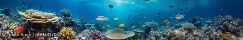 Vibrant and expansive underwater coral reef panorama featuring a variety of marine life, including fish, turtles, sharks, creating a colorful and dynamic banner background.