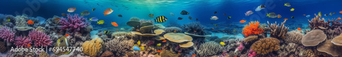 Vibrant and expansive underwater coral reef panorama featuring a variety of marine life, including fish, turtles, sharks, creating a colorful and dynamic banner background. photo