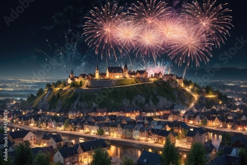 illuminated town with fireworks