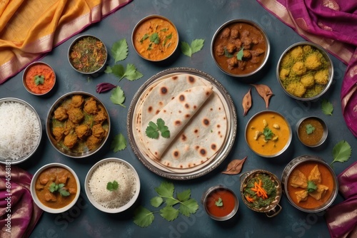 indian food assortment with sari flat lay