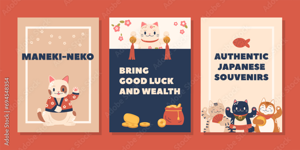 Colorful Banners With Lucky Cats Maneki Neko, Bringing Prosperity And Good Fortune. Their Beckoning Paws Colorful Banners With Lucky Cats Maneki Neko, Bringing Prosperity And Good Fortune. Their Beckoning Paws