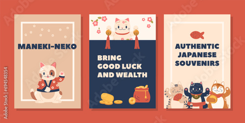 Colorful Banners With Lucky Cats Maneki Neko, Bringing Prosperity And Good Fortune. Their Beckoning Paws