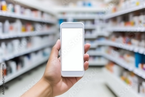 pharmacist hand hold blank mobile phone in pharmacy