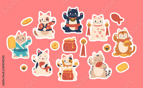 Fototapeta Naklejka Na Ścianę i Meble -  Lucky Cats Maneki Neko Stickers Feature Adorable, Beckoning Feline Characters With Traditional Japanese Motifs