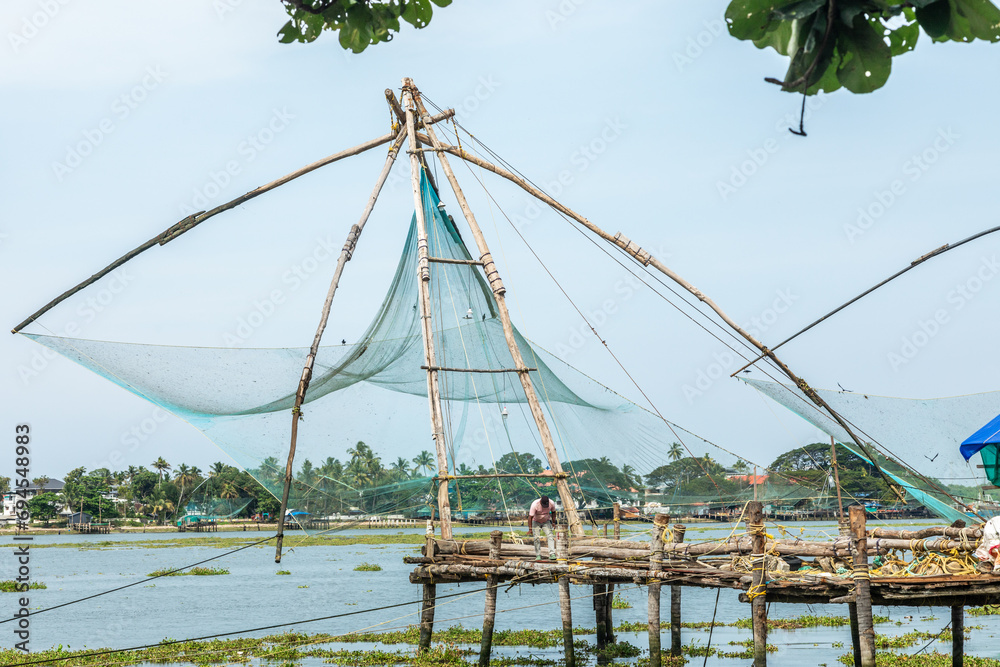 Chinese fishing nets at Fort Kochi coatline, Kerala, south India