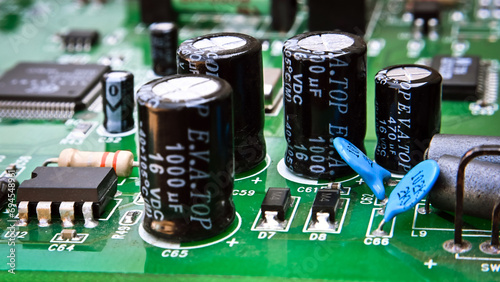 electronic board with capacitors and various microelements. microcircuit.