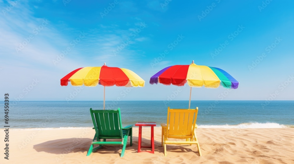 Two empty seats under a multicolored rainbow umbrella stand on a sandy beach against the background of beautiful blue sea