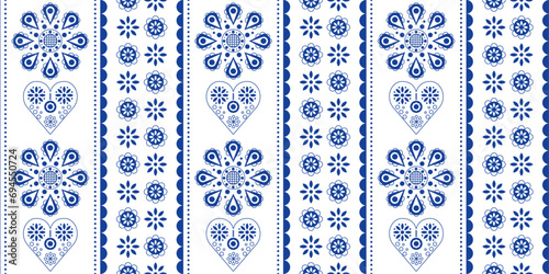 Scandinavian folk pattern. Floral pattern in navy blue. Heart vector design wallpaper.