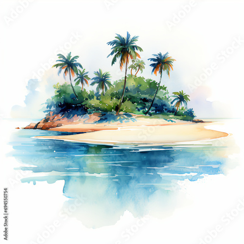 Island Oasis  Captivating Watercolor Painting with Delicate Brushstrokes and Vibrant Hues