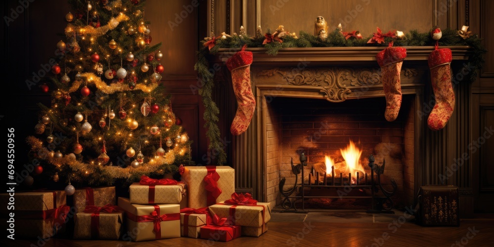 Living room with fireplace, tree, and presents