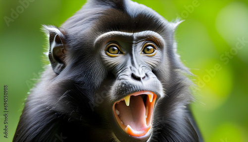 Celebes crested macaque with open mouth. Close up portrait on the green natural background. Crested black macaque, Sulawesi crested macaque, or black ape. Natural habitat. Sulawesi Island. Indonesia photo