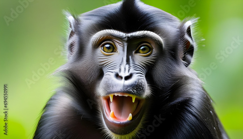 Celebes crested macaque with open mouth. Close up portrait on the green natural background. Crested black macaque, Sulawesi crested macaque, or black ape. Natural habitat. Sulawesi Island. Indonesia photo