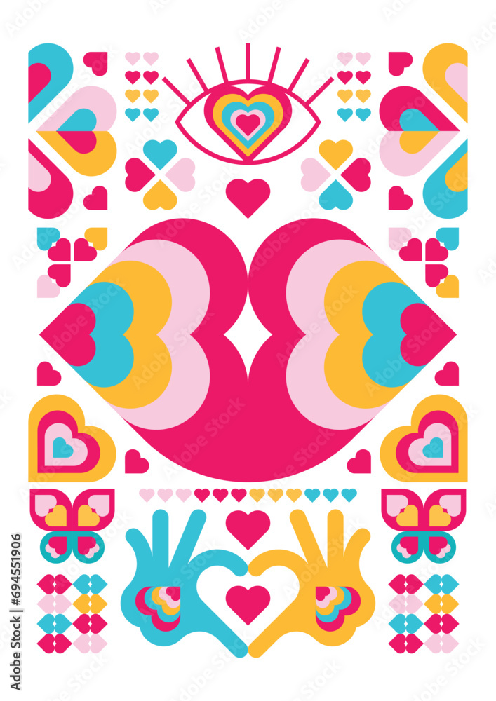 Valentine's day geometric poster with lips, hearts, hands.  Love, kiss, joy, happiness, passion. Background, invitation, gift card, print for souvenirs