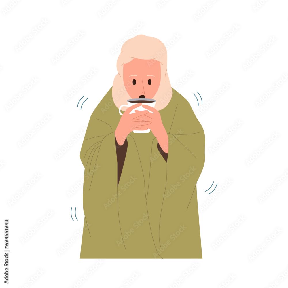 Freezing woman character wrapped in blanket plaid drinking hot tea trying to warm isolated on white Freezing woman character wrapped in blanket plaid drinking hot tea trying to warm isolated on white