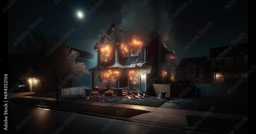 A dramatic house fire at night, highlighting the disaster's intensity with vivid flames against a dark backdrop.


