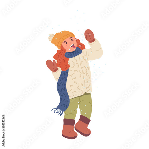 Funny girl preschool child cartoon character trying to taste snowflake catching snow with mouth