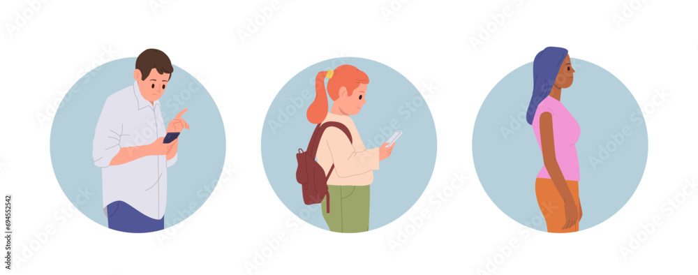 Isolated round icon set with diverse people cartoon characters standing in queue and waiting Isolated round icon set with diverse people cartoon characters standing in queue and waiting
