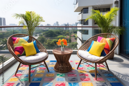 Beautiful balcony with outdoors furniture chairs, colorful decorations and green potted flowers plants. Sunny stylish bold color balcony home terrace with city background