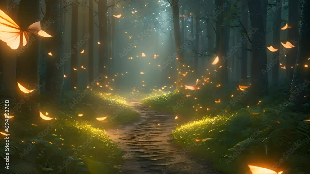 A Mystical Forest Path Illuminated by Ethereal Glowing Lights A Mystical Forest Path Illuminated by Ethereal Glowing Lights